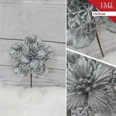 圣诞单头花枝直径11CM,杆15CM(H),10个花瓣,银色 圣诞单头花枝直径11CM,杆15CM(H),10个花瓣,银色